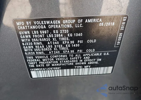 2018 Volkswagen Atlas 3.6L V6 Sel Premium z USA, uszkodzony, nr VIN 1V2NR2CA1JC570597